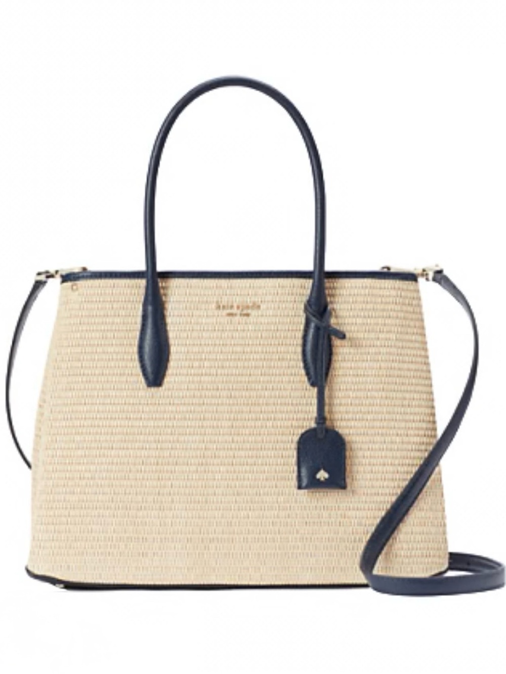 💥LOVELY Kate Spade New York Eva Straw Medium Top Zip Satchel w/Navy Leather Trim